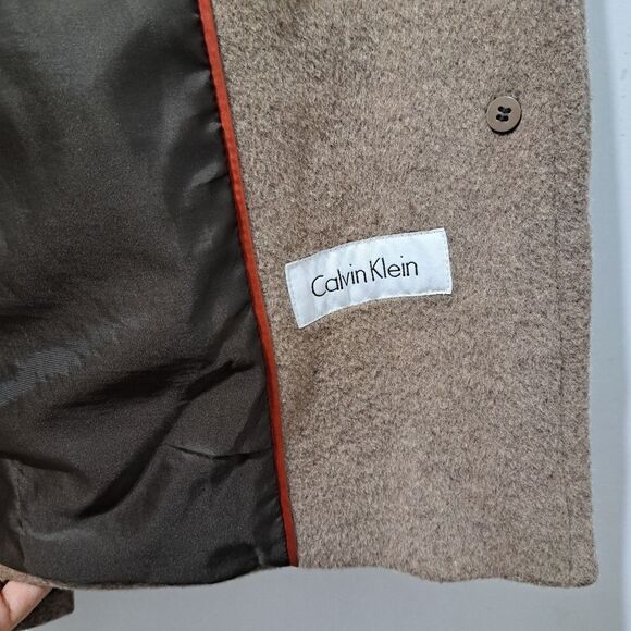 Calvin Klien Wool Silk Blend Preppy Minimalist Coat Size Tag Missing Large Tan - Picture 12 of 17